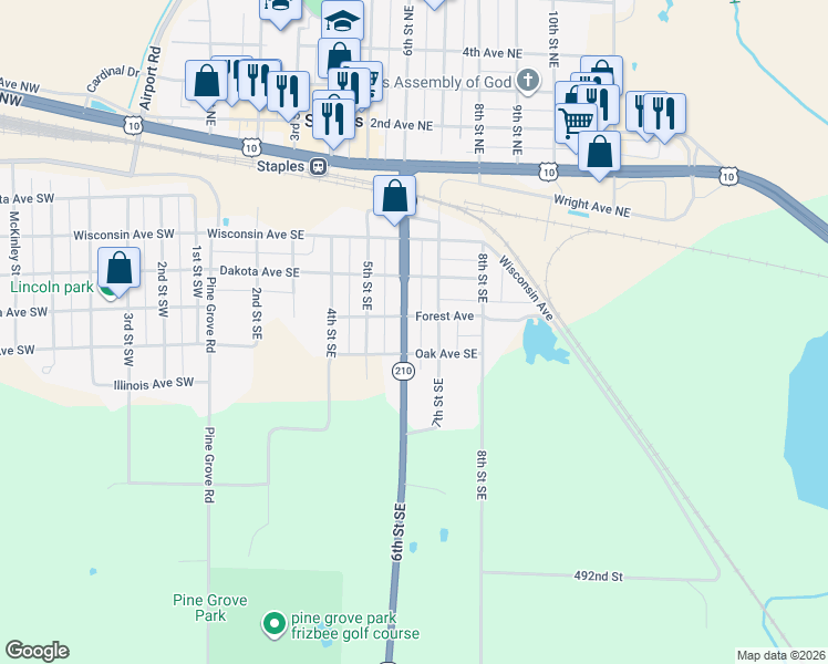 map of restaurants, bars, coffee shops, grocery stores, and more near 515 6th Street Southeast in Staples