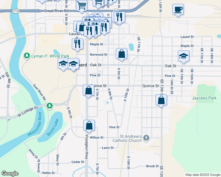 map of restaurants, bars, coffee shops, grocery stores, and more near 809 South 8th Street in Brainerd