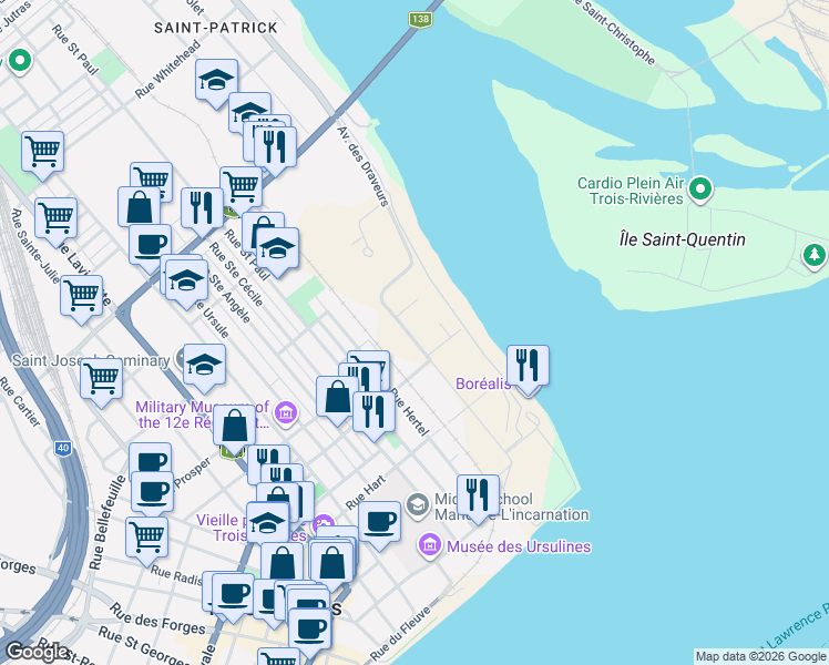 map of restaurants, bars, coffee shops, grocery stores, and more near 1200 Avenue des Draveurs in Trois-Rivières