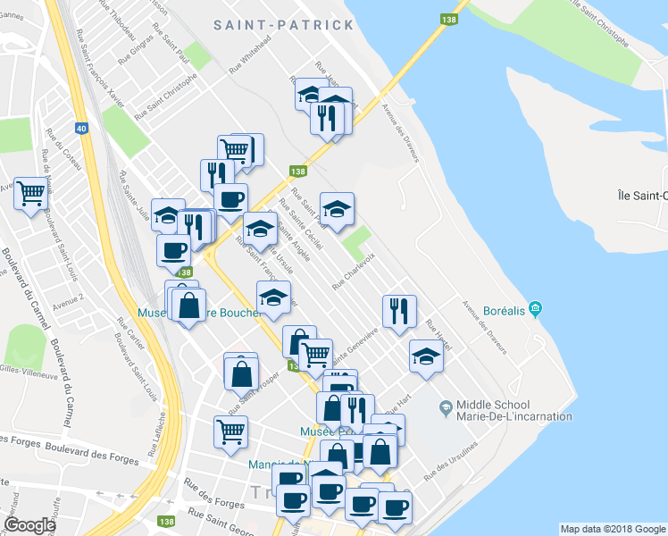 map of restaurants, bars, coffee shops, grocery stores, and more near 861 Rue Sainte Cécile in Trois-Rivières