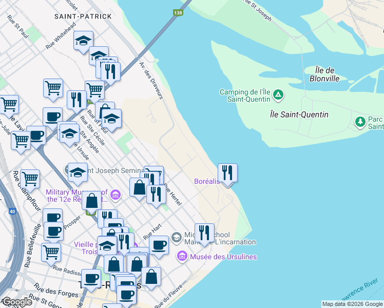 map of restaurants, bars, coffee shops, grocery stores, and more near 1100 Avenue des Draveurs in Trois-Riviã¨Res