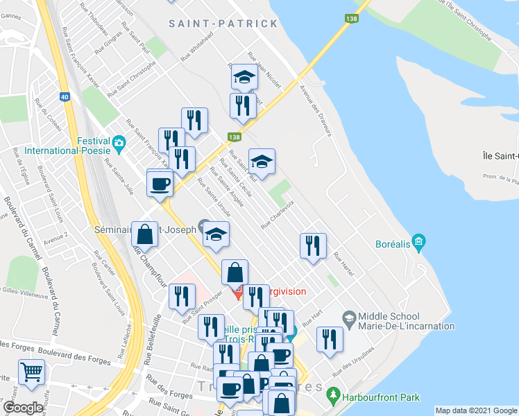 map of restaurants, bars, coffee shops, grocery stores, and more near 877 Rue Sainte Cécile in Trois-Rivières