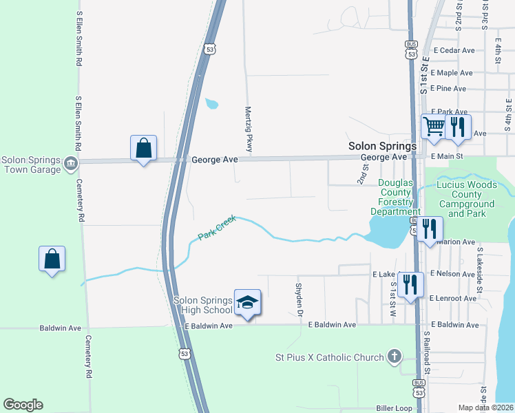 map of restaurants, bars, coffee shops, grocery stores, and more near 9004 East Hughes Avenue in Solon Springs