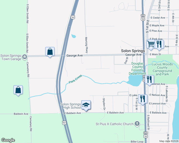 map of restaurants, bars, coffee shops, grocery stores, and more near 9004 East Hughes Avenue in Solon Springs