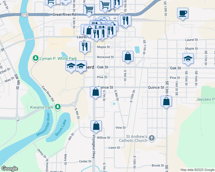 map of restaurants, bars, coffee shops, grocery stores, and more near 815 South 7th Street in Brainerd