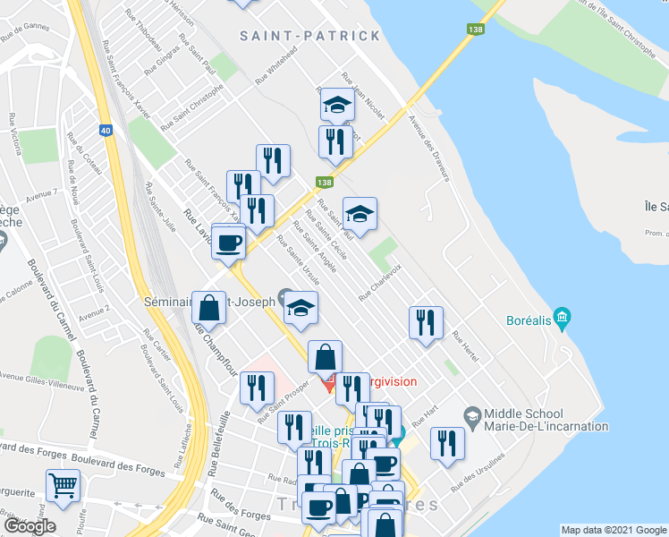map of restaurants, bars, coffee shops, grocery stores, and more near 968 Rue Sainte Angèle in Trois-Rivières
