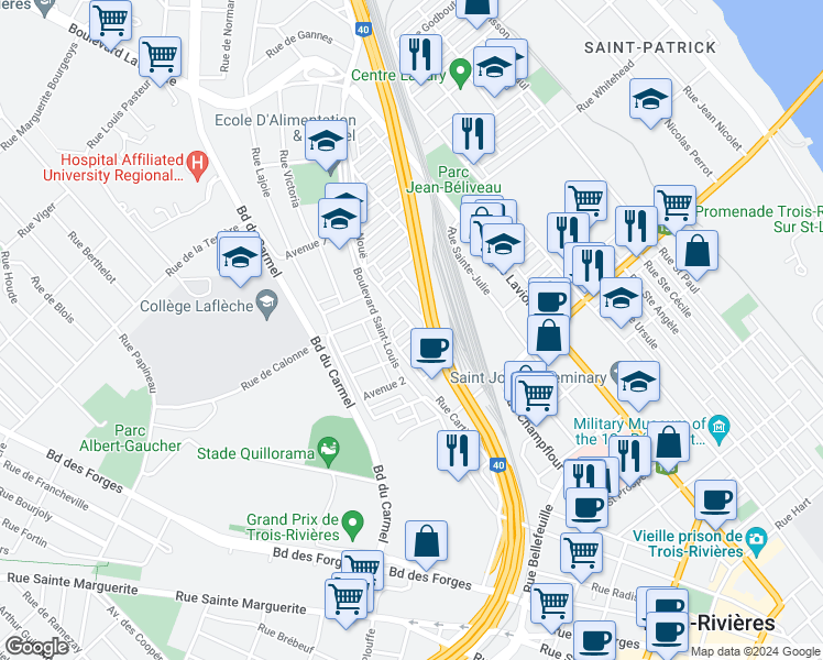 map of restaurants, bars, coffee shops, grocery stores, and more near 1467 Rue de Nouë in Trois-Rivières