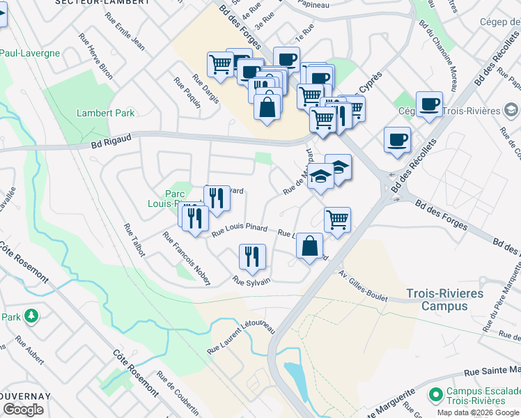 map of restaurants, bars, coffee shops, grocery stores, and more near 1850 Rue de Malapart in Trois-Rivières