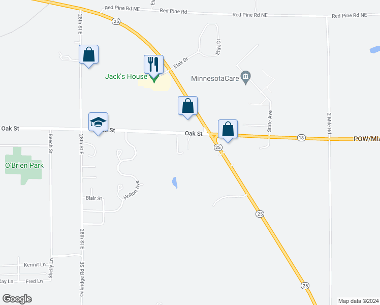 map of restaurants, bars, coffee shops, grocery stores, and more near 3402 Oak Street in Brainerd