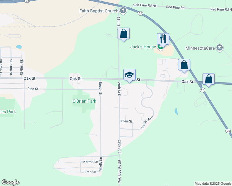 map of restaurants, bars, coffee shops, grocery stores, and more near 710 28th Street Southeast in Brainerd