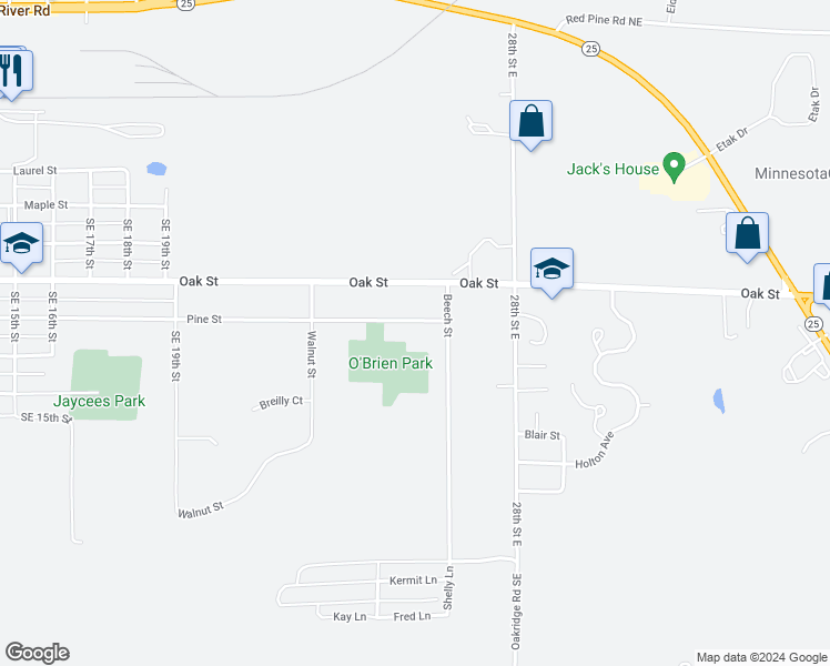 map of restaurants, bars, coffee shops, grocery stores, and more near 2602 Pine Street in Brainerd