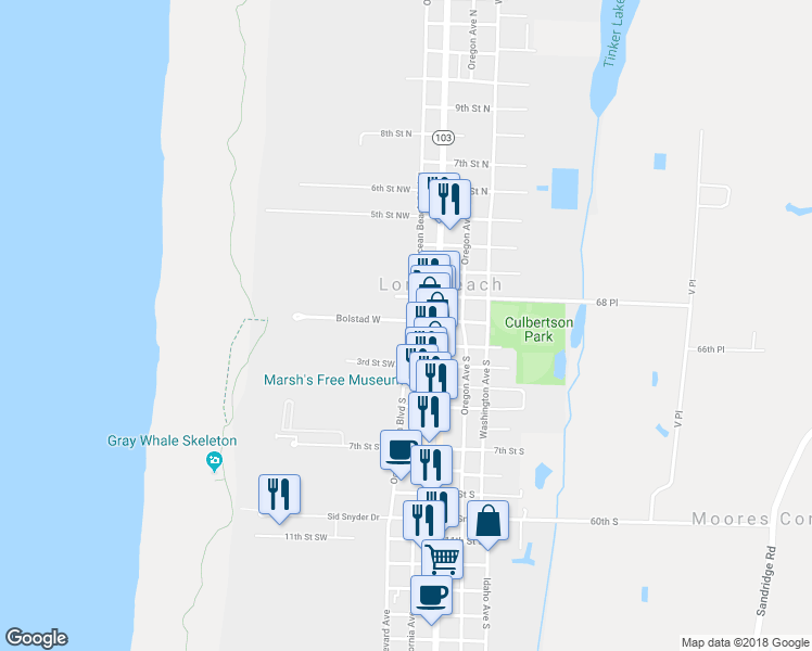 map of restaurants, bars, coffee shops, grocery stores, and more near 203 Bolstad West in Long Beach