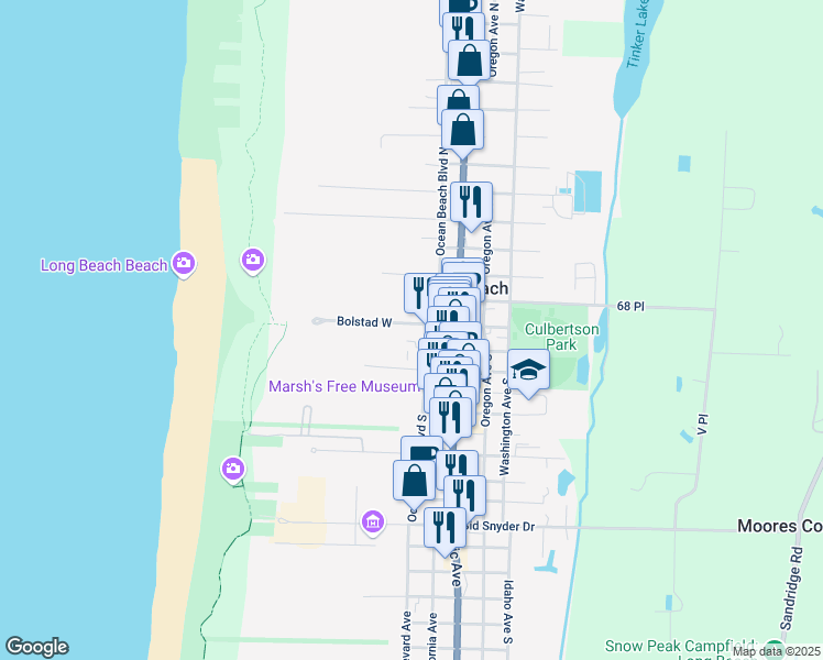 map of restaurants, bars, coffee shops, grocery stores, and more near 203 Bolstad West in Long Beach