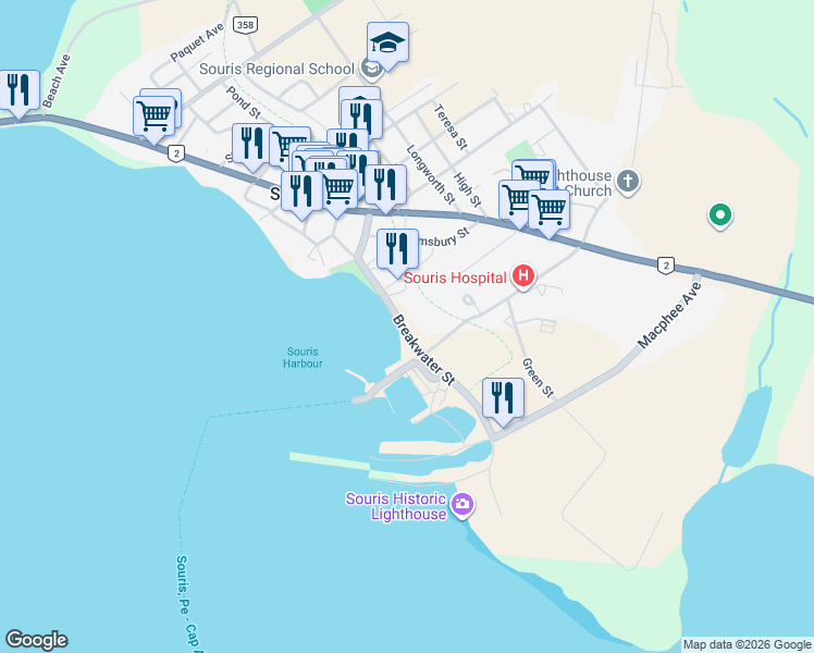 map of restaurants, bars, coffee shops, grocery stores, and more near 29 Breakwater Street in Souris