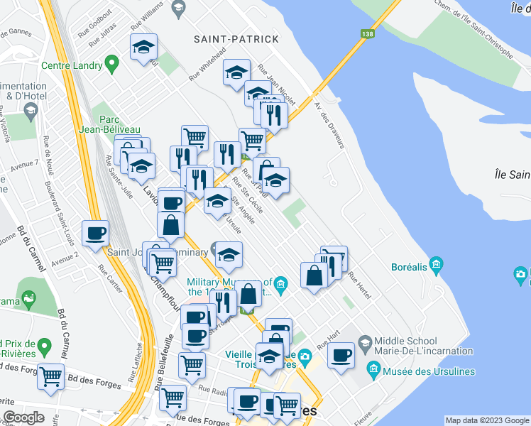 map of restaurants, bars, coffee shops, grocery stores, and more near 950 Rue Sainte Cécile in Trois-Rivières