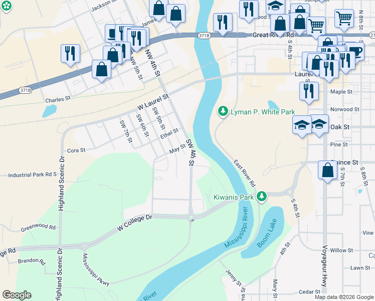 map of restaurants, bars, coffee shops, grocery stores, and more near 506 Southwest 4th Street in Brainerd
