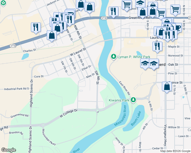 map of restaurants, bars, coffee shops, grocery stores, and more near 506 Southwest 4th Street in Brainerd