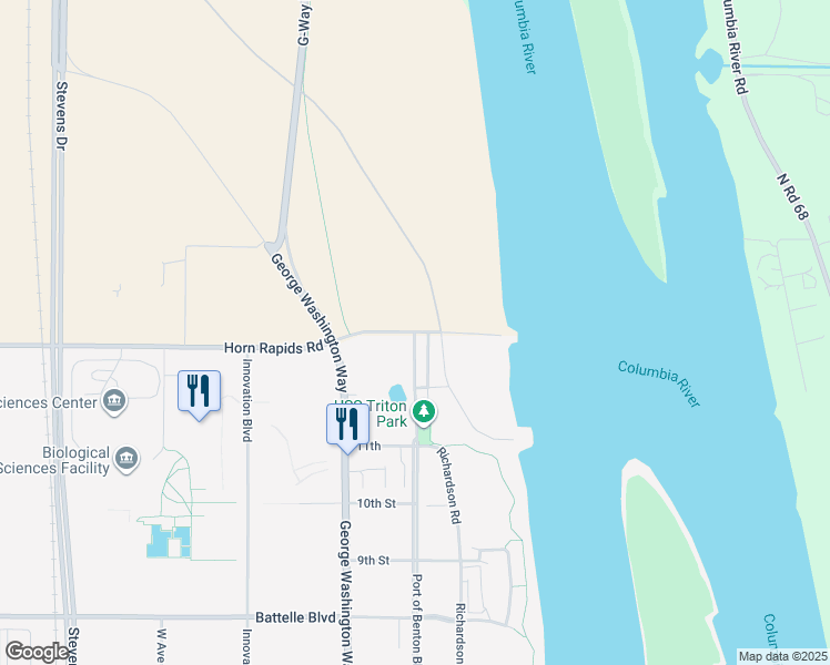 map of restaurants, bars, coffee shops, grocery stores, and more near 3350 Port of Benton Boulevard in Richland