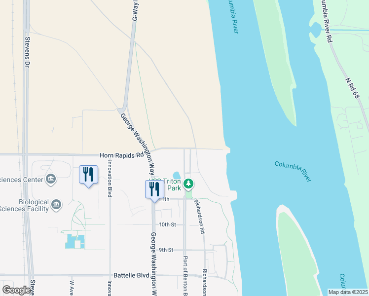 map of restaurants, bars, coffee shops, grocery stores, and more near 3350 Port of Benton Boulevard in Richland