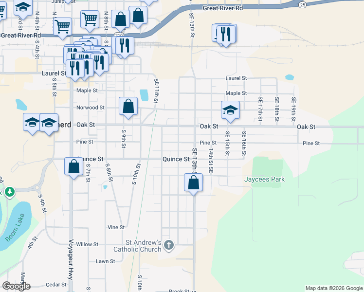 map of restaurants, bars, coffee shops, grocery stores, and more near 1206 Pine Street in Brainerd