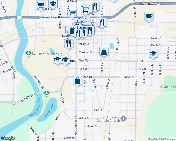 map of restaurants, bars, coffee shops, grocery stores, and more near 708 Pine Street in Brainerd