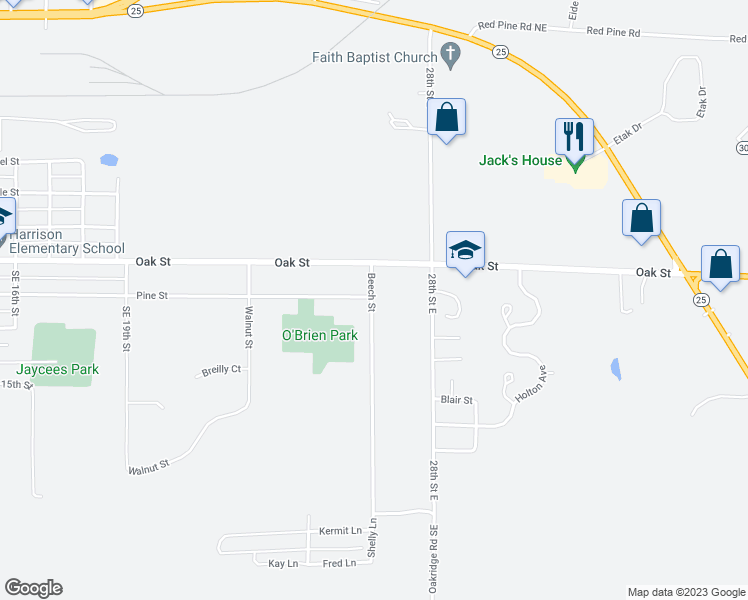 map of restaurants, bars, coffee shops, grocery stores, and more near 715 Beech Street in Brainerd