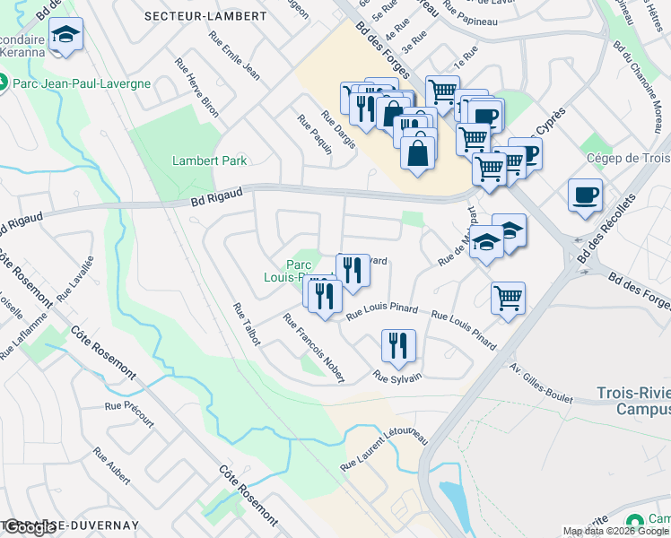 map of restaurants, bars, coffee shops, grocery stores, and more near 1900 Rue Charles le Gardeur in Trois-Riviã¨Res