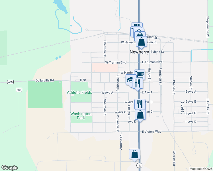 map of restaurants, bars, coffee shops, grocery stores, and more near Sherman Street in Newberry