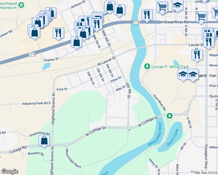 map of restaurants, bars, coffee shops, grocery stores, and more near 409 Southwest 6th Street in Brainerd