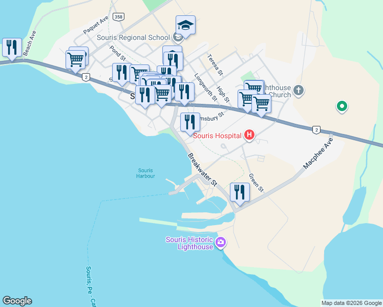 map of restaurants, bars, coffee shops, grocery stores, and more near 29 Breakwater Street in Souris
