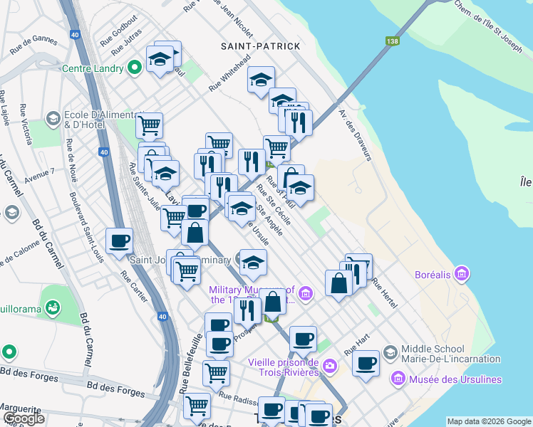 map of restaurants, bars, coffee shops, grocery stores, and more near 1050 Rue Sainte Angèle in Trois-Rivières