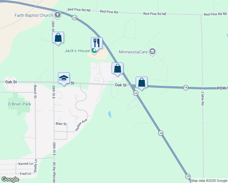 map of restaurants, bars, coffee shops, grocery stores, and more near 3340 Oak Street in Brainerd