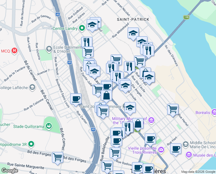 map of restaurants, bars, coffee shops, grocery stores, and more near 890 Boulevard du Saint Maurice in Trois-Rivières