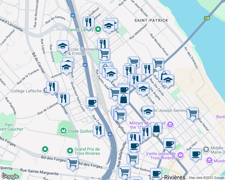 map of restaurants, bars, coffee shops, grocery stores, and more near 972 Rue Monseigneur Cooke in Trois-Rivières