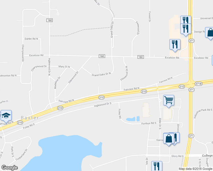 map of restaurants, bars, coffee shops, grocery stores, and more near 6910 Fairview Road North in Baxter