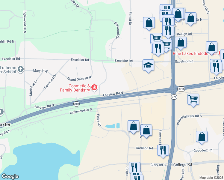 map of restaurants, bars, coffee shops, grocery stores, and more near 7096 Fairview Road North in Baxter