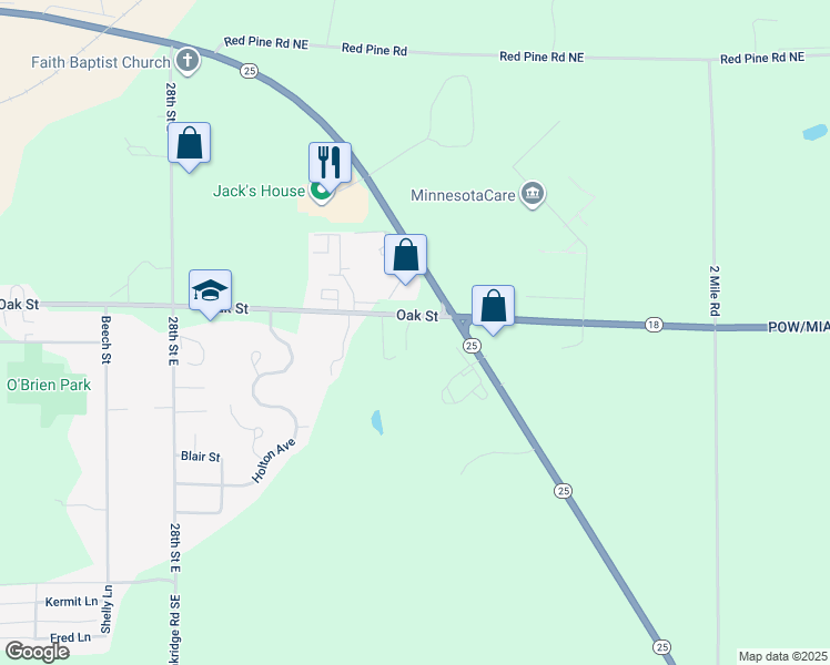 map of restaurants, bars, coffee shops, grocery stores, and more near 3402 Oak Street in Brainerd