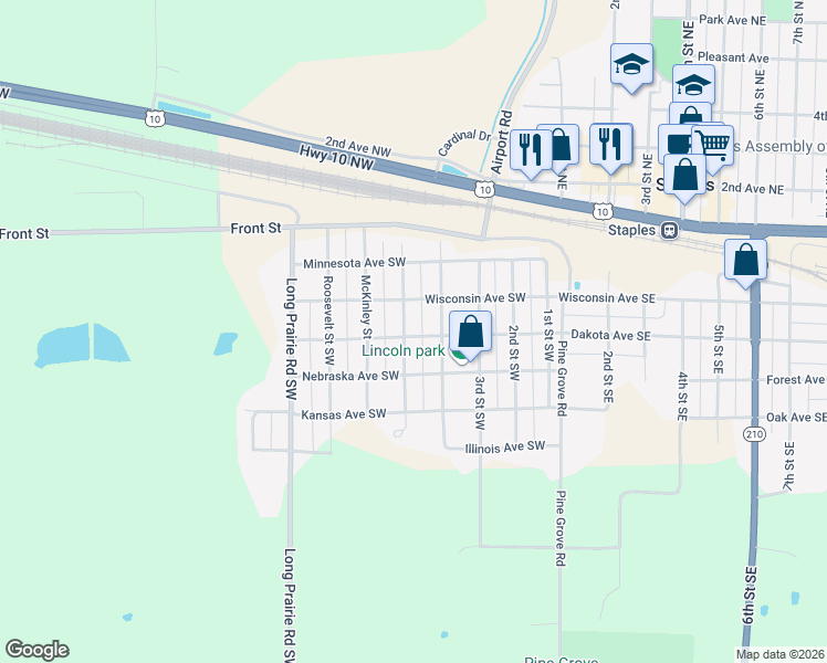 map of restaurants, bars, coffee shops, grocery stores, and more near 402 Cleveland Street Southwest in Staples
