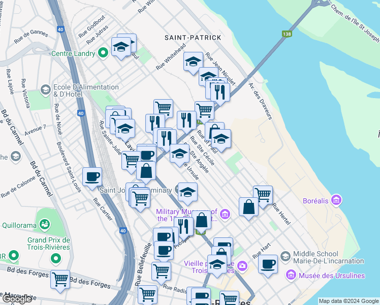 map of restaurants, bars, coffee shops, grocery stores, and more near 1099 Rue Sainte Angèle in Trois-Rivières