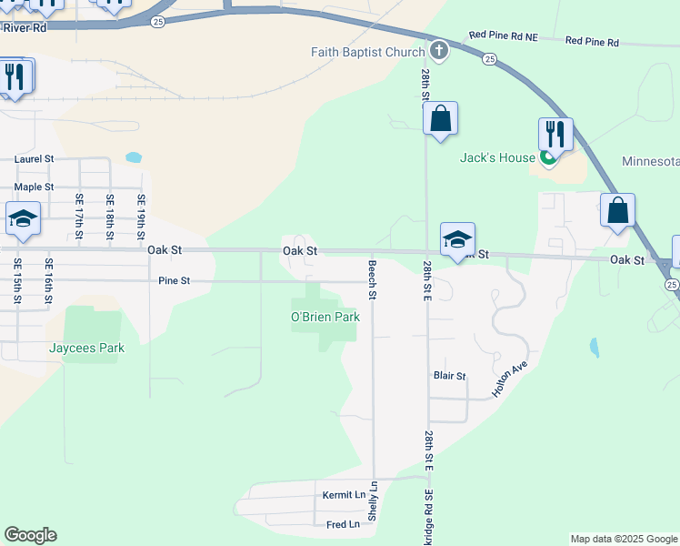 map of restaurants, bars, coffee shops, grocery stores, and more near 2602 Pine Street in Brainerd