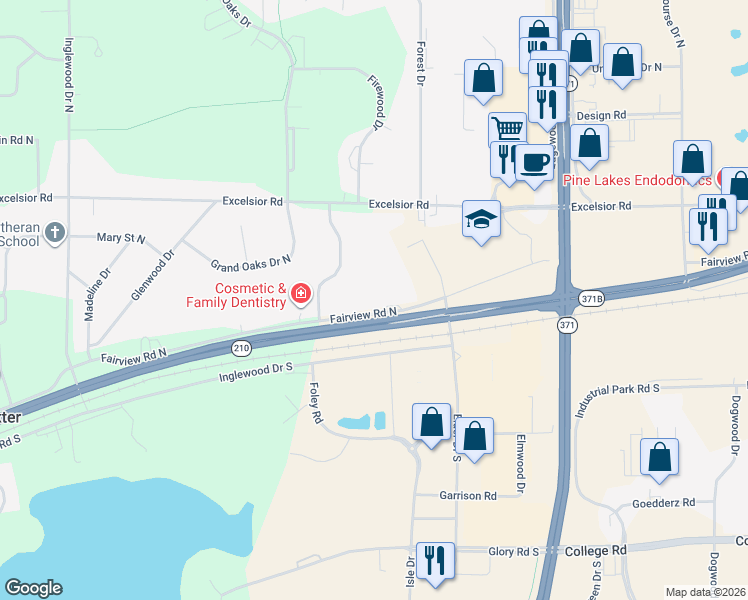 map of restaurants, bars, coffee shops, grocery stores, and more near 7096 Fairview Road North in Baxter