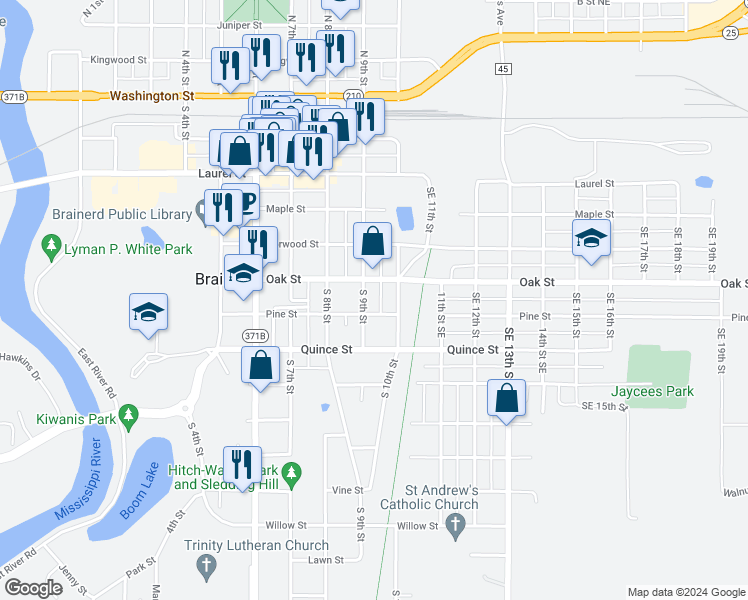 map of restaurants, bars, coffee shops, grocery stores, and more near 613 South 9th Street in Brainerd