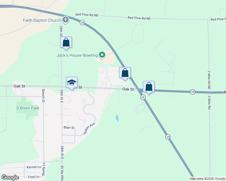 map of restaurants, bars, coffee shops, grocery stores, and more near 3216 Oak Street in Brainerd
