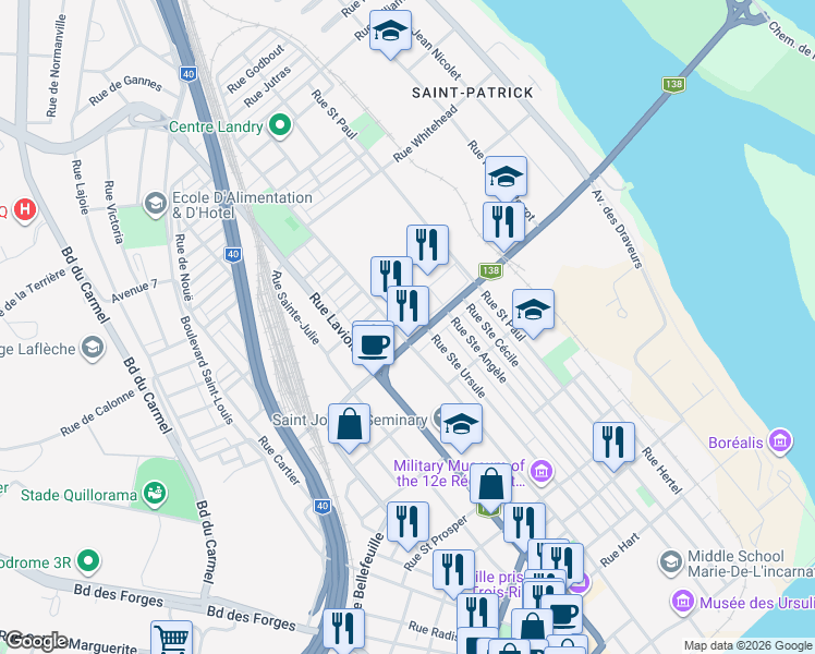 map of restaurants, bars, coffee shops, grocery stores, and more near 890 Boulevard du Saint Maurice in Trois-Rivières