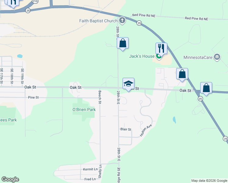 map of restaurants, bars, coffee shops, grocery stores, and more near 710 28th Street Southeast in Brainerd
