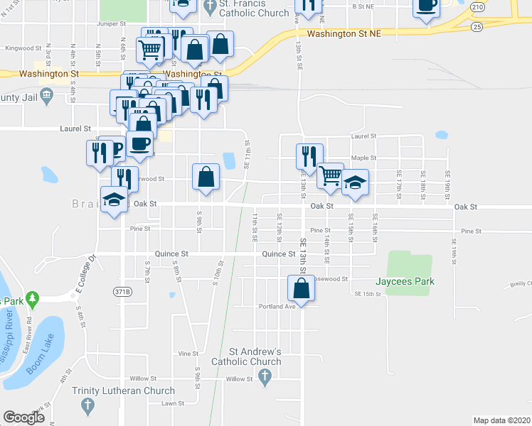map of restaurants, bars, coffee shops, grocery stores, and more near 1112 Oak Street in Brainerd
