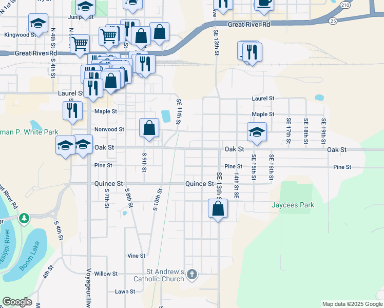 map of restaurants, bars, coffee shops, grocery stores, and more near 1103 Oak Street in Brainerd