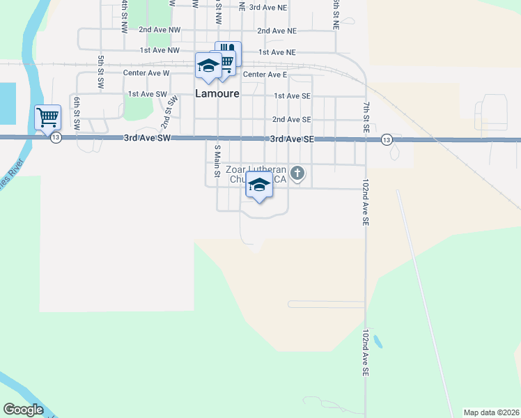 map of restaurants, bars, coffee shops, grocery stores, and more near 107-111 5th Avenue Southeast in LaMoure