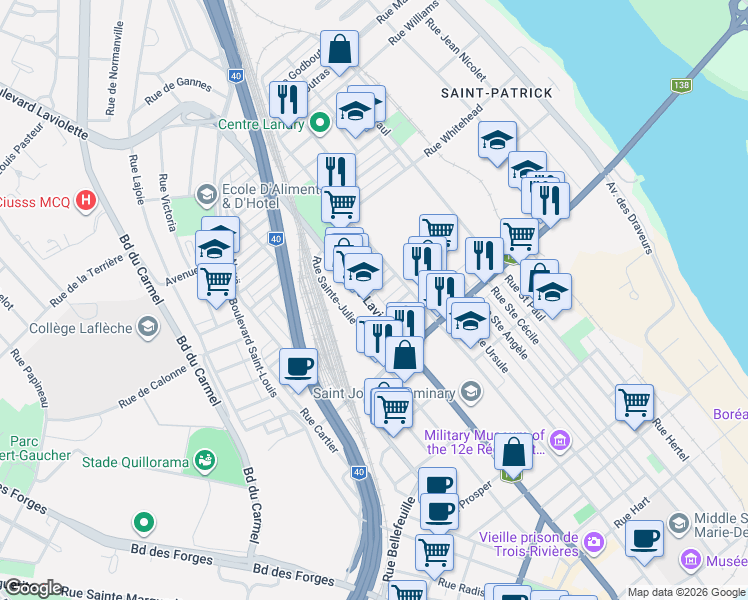 map of restaurants, bars, coffee shops, grocery stores, and more near 1392 Rue Laviolette in Trois-Rivières