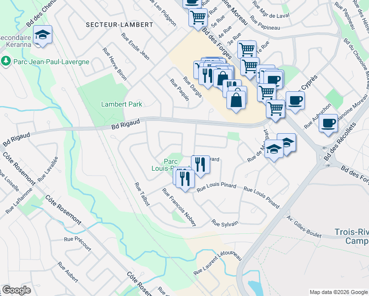 map of restaurants, bars, coffee shops, grocery stores, and more near 4095 Rue Savard in Trois-Rivières
